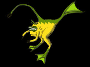 Desenho de uma criatura com pés e cauda de anfíbios, e uma pinça superior que sai da testa