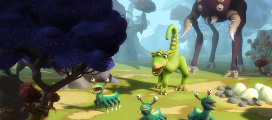 Cena estilizada com uma criatura tipo o Willosaur verde de pescoço longo interagindo com pequenas criaturas azuis entre árvores azuis escuras e ninhos de ovos