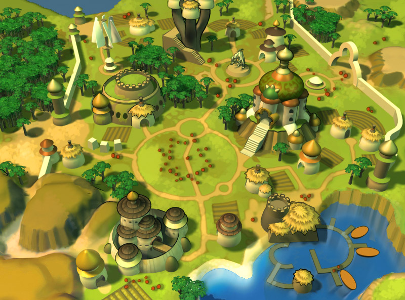 Vista aérea isométrica de cidade tribal vibrante com construções orgânicas em tons de verde e amarelo, árvores, cabanas circulares, fazendas e rio azul serpenteante