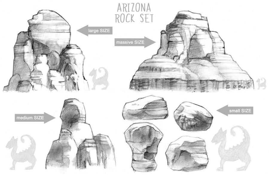 Estudos de formações rochosas do Arizona em grafite mostrando diferentes tamanhos: large, massive, medium e small, com silhuetas do Willosaur para escala
