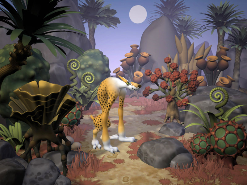 Criatura quadrúpede amarela com manchas de leopardo explorando ambiente noturno alienígena com palmeiras, rochas e vegetação bioluminescente sob lua cheia