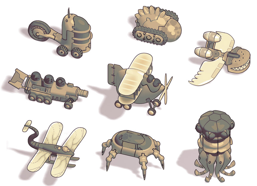 Concept art de diversos veículos tribais em estilo steampunk-orgânico, incluindo helicóptero, tanque, avião e outras máquinas híbridas com design que combina madeira e partes mecânicas