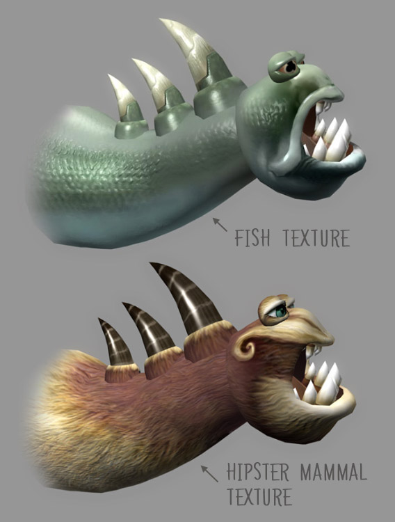 Comparação de dois modelos 3D da mesma criatura com texturas diferentes: versão superior com textura escamosa de peixe e versão inferior com textura peluda de mamífero hipster