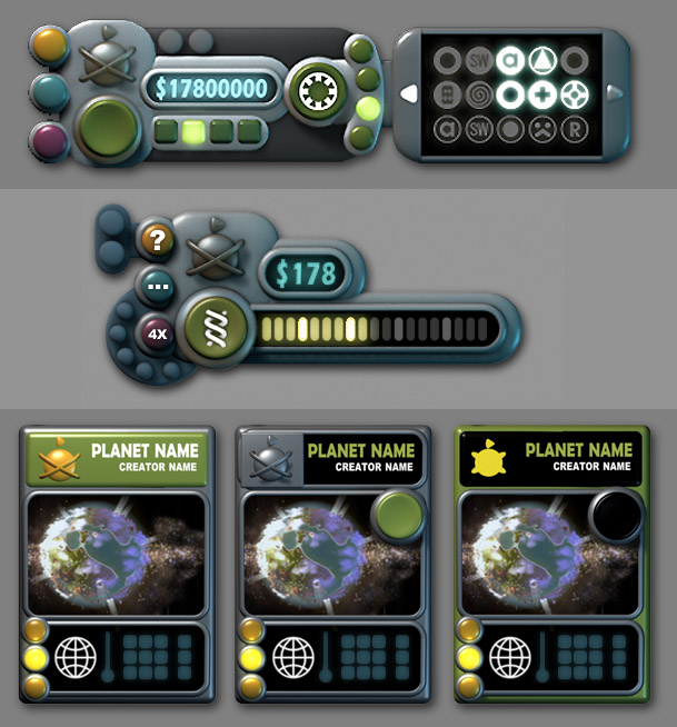 Elementos de interface do usuário do Spore incluindo barra de recursos com ícones coloridos, medidor de DNA e três cartões de planetas com diferentes cores e ícones de progresso