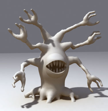 Modelo 3D de criatura alienígena semelhante a uma árvore com múltiplos braços estendidos, boca grande com dentes afiados e textura orgânica