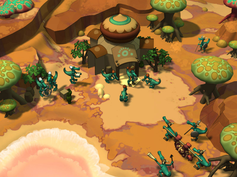 Aldeia tribal em ambiente desértico com criaturas azuis reunidas ao redor de estruturas em forma de cogumelos gigantes com cúpulas verdes