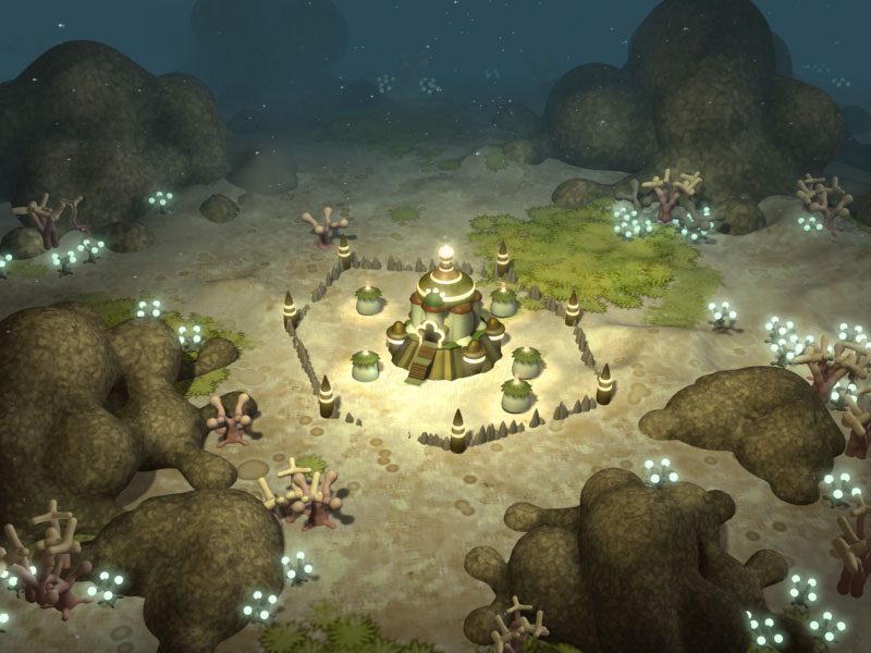 Cena submarina noturna com templo circular central cercado por pedras, vegetação bioluminescente e flores brancas que emitem luz